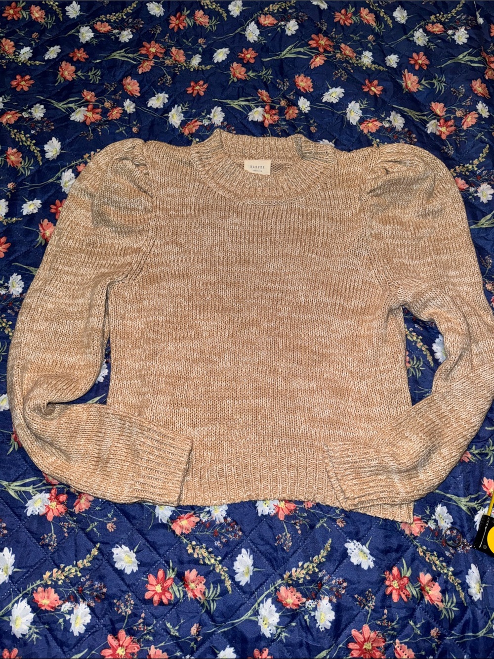 Like Nee Harper Marled Camel Puff-Sleeve Crewneck Sweater